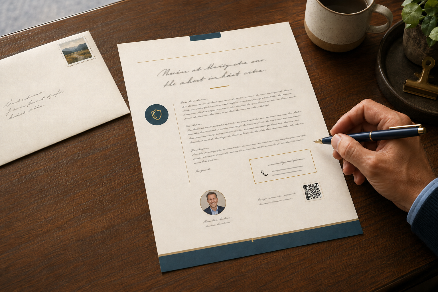 Insurance direct mail letter with a clear headline, personalized message, response box, QR code, and handwritten envelope.