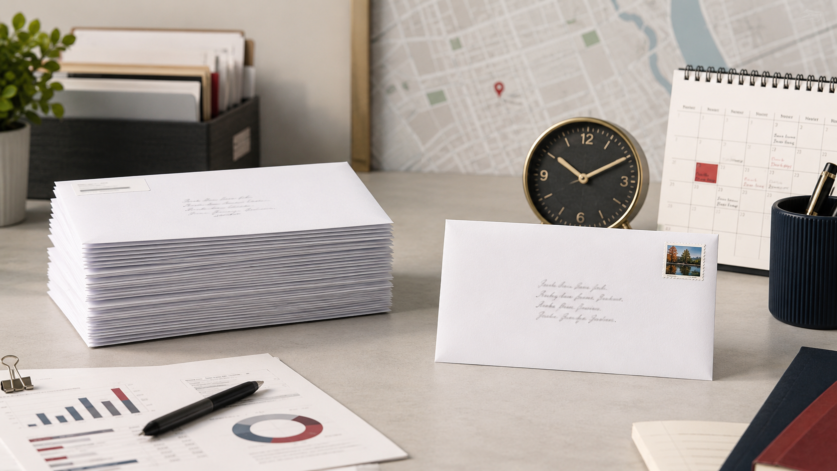 Stack of insurance marketing envelopes beside a First-Class stamped envelope, clock, and mailing calendar.
