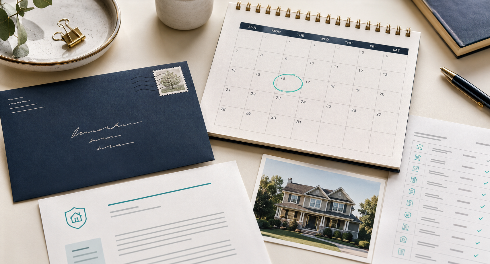 Insurance renewal-date targeting campaign with calendar, homeowner data and direct mail envelope.