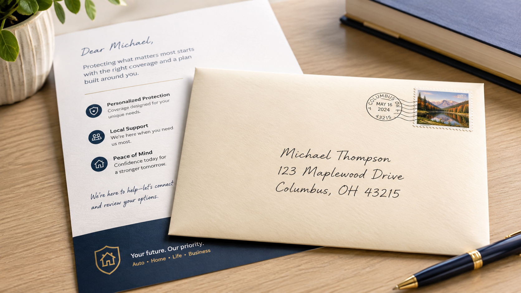Handwritten envelope with live postage stamp beside a personalized insurance direct mail letter.