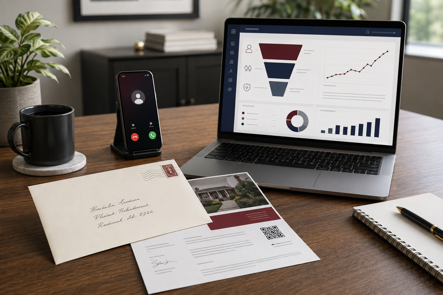 Insurance direct mail letter and handwritten envelope beside a call-tracking phone and campaign analytics dashboard.