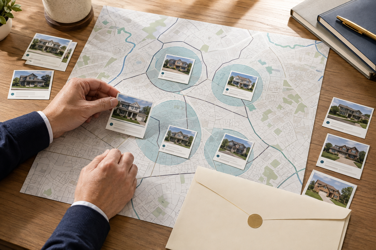 Insurance direct mail strategist selecting homeowner property cards on a map of targeted neighborhoods.